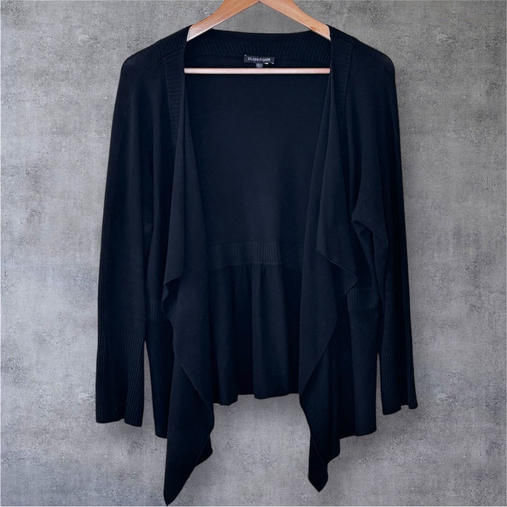 Eileen Fisher Black Open Cardigan Womens M Minimalist Classic‎ Travel Capsule